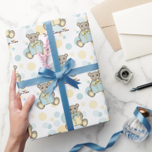 Papel De Presente Urso de pelúcia azul pastel e amarelo fofo