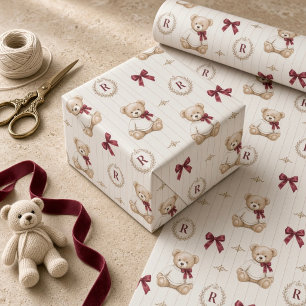 Papel De Presente Urso de pelúcia burgundy laço Personalizado Préppy