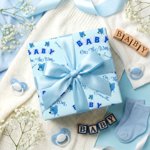 Papel De Presente Urso de Pelúcia com Chamada Azul para Chá de Bebê