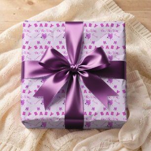 Papel De Presente Urso de Pelúcia com Texto Rosa e Roxo Chá de Bebê