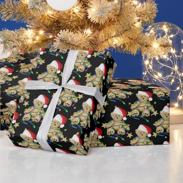 Papel De Presente Urso de pelúcia em luzes de Natal   (Feriados)
