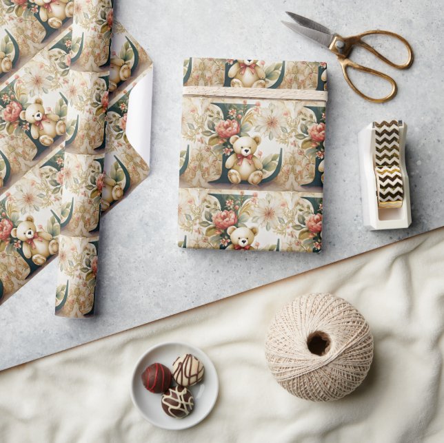 Papel De Presente Urso de pelúcia floral letra L (Artesanato)