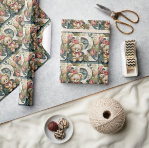 Papel De Presente Urso de pelúcia floral letra R