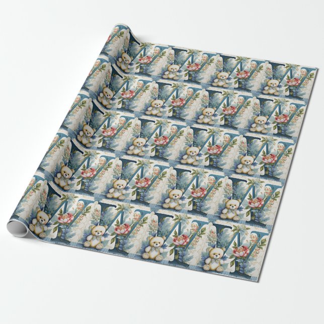 Papel De Presente Urso de pelúcia floral letra W (Desenrolado)