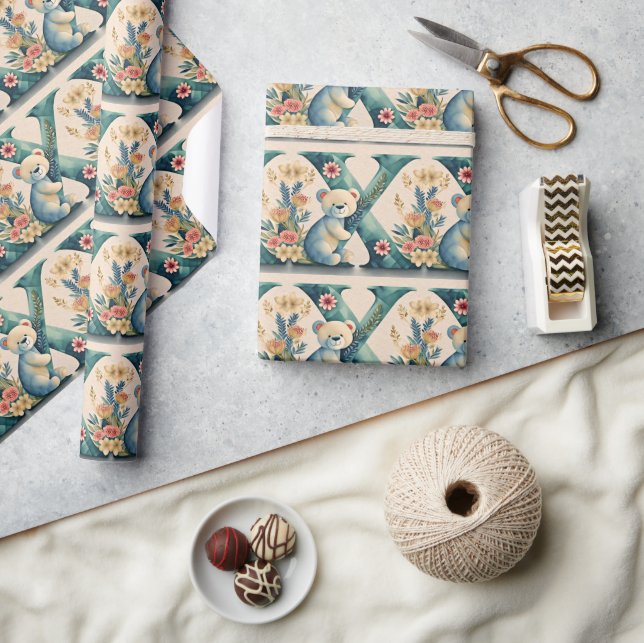 Papel De Presente Urso de pelúcia floral letra X (Artesanato)