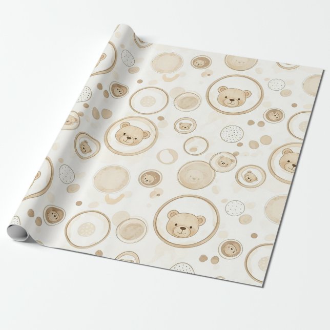Papel De Presente Urso de Pelúcia Neutro Círculo Padrão Bege Bebê (1 (Desenrolado)
