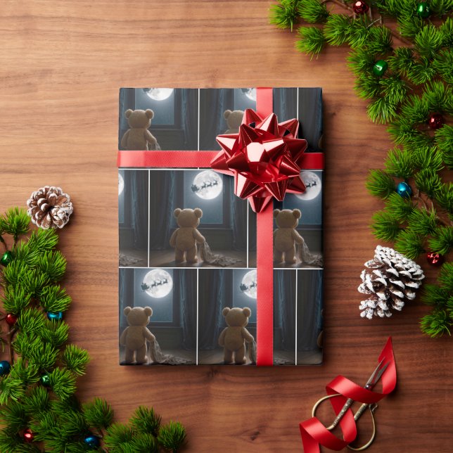 Papel De Presente Urso de pelúcia observando o Papai Noel e as renas (Presente de Natal)