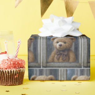 Papel De Presente Urso de Pelúcia Olhando pela Janela Chuvosa
