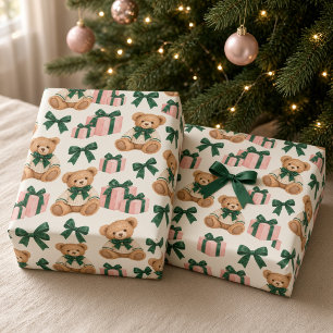 Papel De Presente Urso de Pelúcia Presentes Rosa Arco Verde Natal