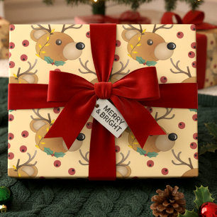 Papel De Presente Urso de pelúcia Rena com Luzes Bege Natal