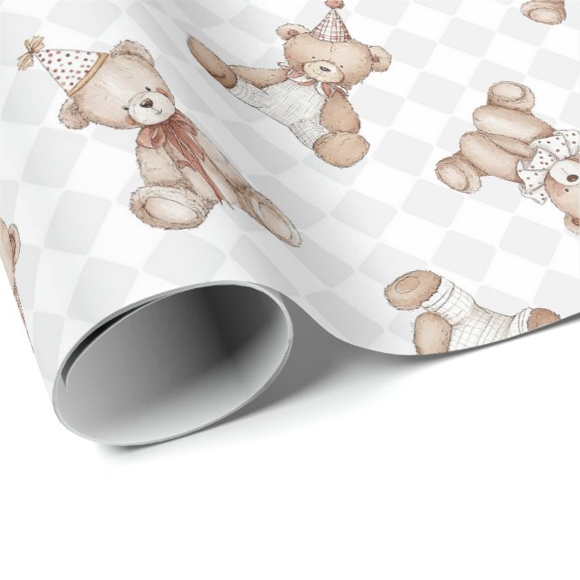 Papel De Presente Urso de pelúcia retrô nostalgia Babado xadrez (Ponta do rolo)