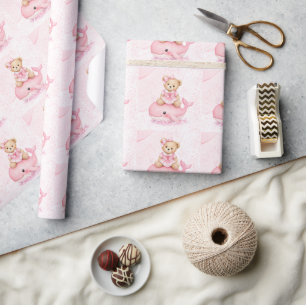Papel De Presente Urso de Pelúcia Rosa em Chuveiro de Bebê Menina Ba