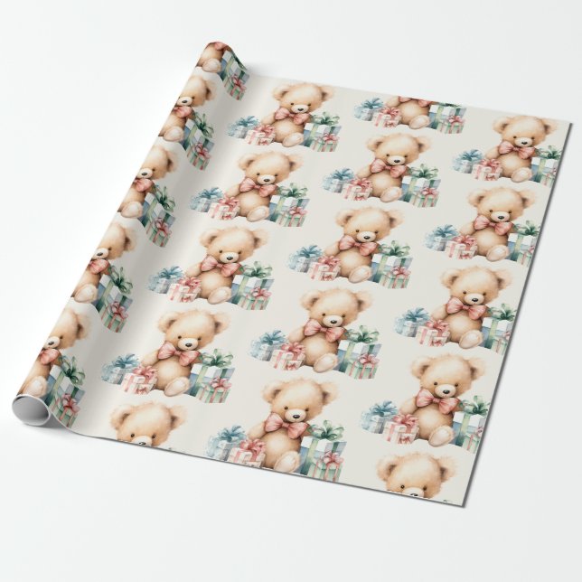 Papel De Presente Urso de Teddy Bonito com Presentes de Natal (Desenrolado)