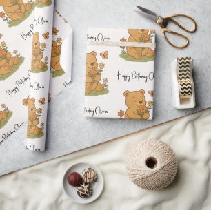 Papel De Presente Urso de Teddy com Flores Personalizadas - Aniversá