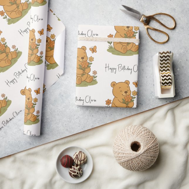 Papel De Presente Urso de Teddy com Flores Personalizadas - Aniversá (Artesanato)