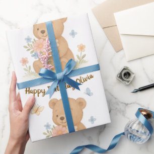 Papel De Presente Urso de Teddy com Flores - Presente de Aniversário