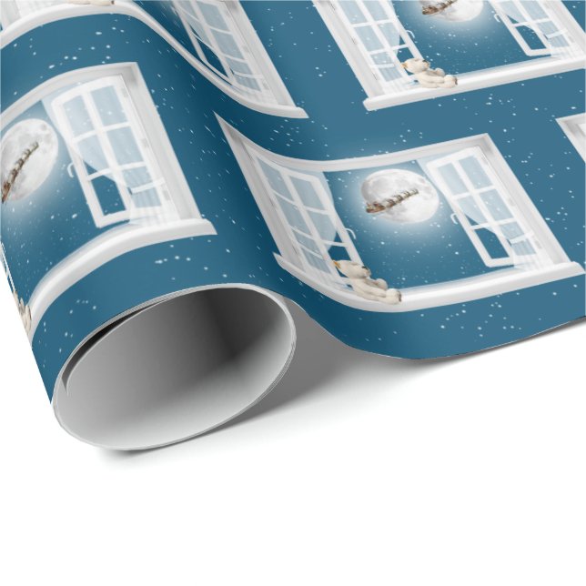 Papel De Presente Urso de Teddy de Natal na Janela (Ponta do rolo)