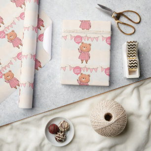 Papel De Presente Urso de Vestimento da Margem Rosa com Balão Rosa