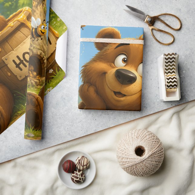 Papel De Presente Urso Fofo com Barril de Mel & Abelhas Felizes (Artesanato)