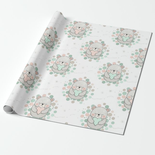 Papel De Presente Urso Fofo e Corações -- Berçário Pastel (6) (Desenrolado)