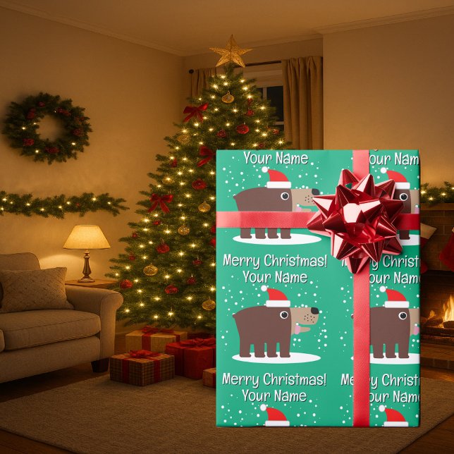 Papel De Presente Urso marrom desenho animado com chapéu de papai no (Christmas wrapping paper with cute Santa bear cartoon)