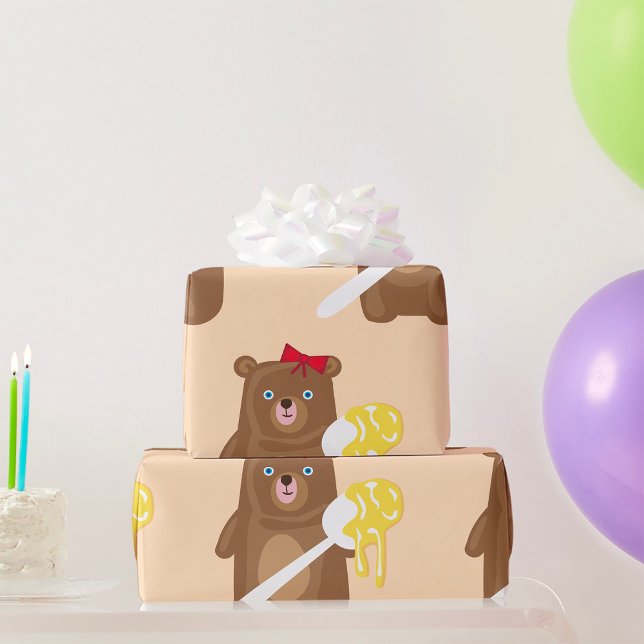 Papel De Presente Urso Mel Adorável com Colher E Arco Vermelho (Criador carregado)