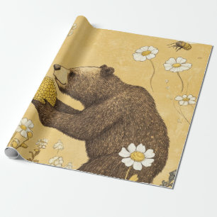 Papel De Presente Urso Mel em Prado de Flores Silvestres