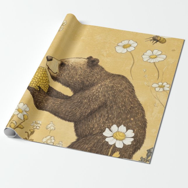 Papel De Presente Urso Mel em Prado de Flores Silvestres (Desenrolado)