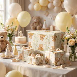 Papel De Presente Urso Mel Floral Bebê Aniversário