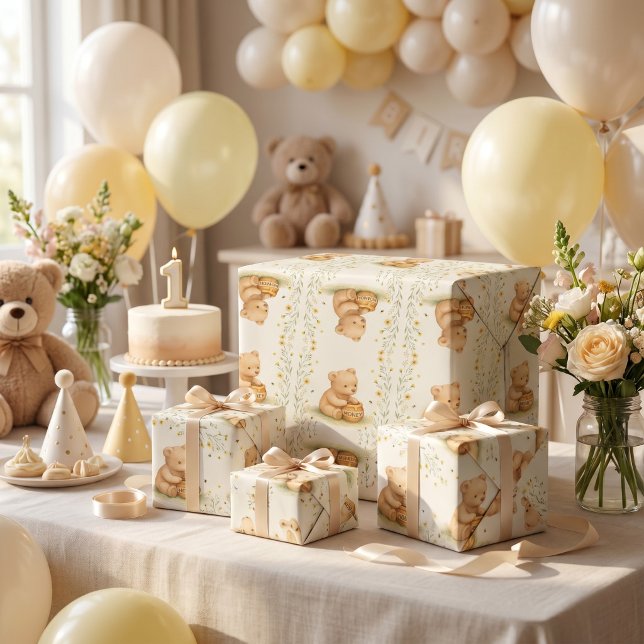 Papel De Presente Urso Mel Floral Bebê Aniversário (Criador carregado)