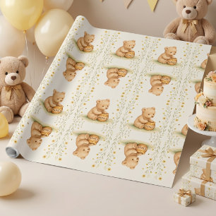 Papel De Presente Urso Mel Floral Bebê Aniversário