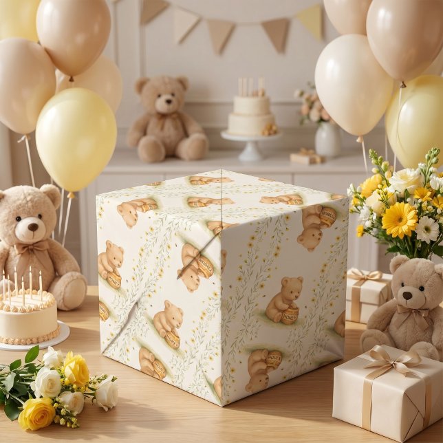 Papel De Presente Urso Mel Floral Bebê Aniversário (Criador carregado)