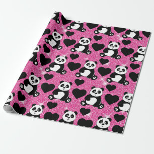 Papel De Presente Urso Panda Amante de Animais Corações Pretos Brilh