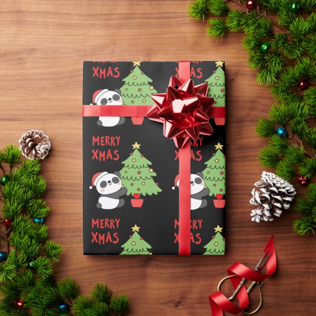 Papel De Presente Urso Panda Bonito Com Árvore De Natal (Presente de Natal)