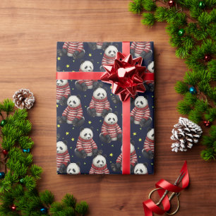 Papel De Presente Urso Panda Fofo com Padrão de Suéter de Tricô Verm