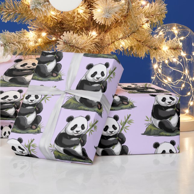 Papel De Presente Urso Panda Fofo da Moda Com Bambu Roxo Folhagem (Feriados)