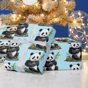 Papel De Presente Urso Panda Fofo da Moda Com Verde Bambu Azul