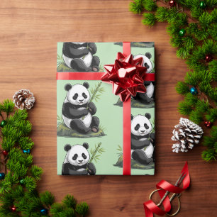 Papel De Presente Urso Panda Fofo Moderno e Tendência com Bambu Verd
