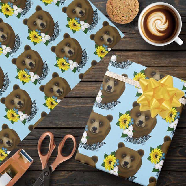 Papel De Presente Urso Pardo Flores Azuis Pena Vida Selvagem (Criador carregado)