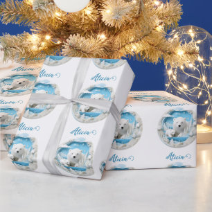 Papel De Presente Urso Polar com Filhote Oceano Ártico Branco Invern