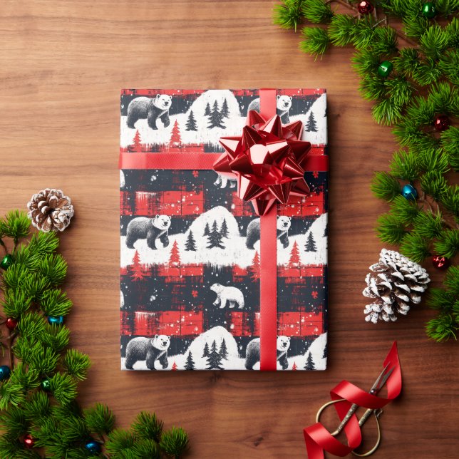Papel De Presente Urso Polar das Xadrezes de Buffalo Vermelho (Presente de Natal)