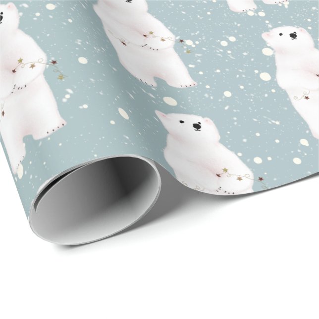 Papel De Presente Urso Polar de Natal em Flocos de Neve (Ponta do rolo)