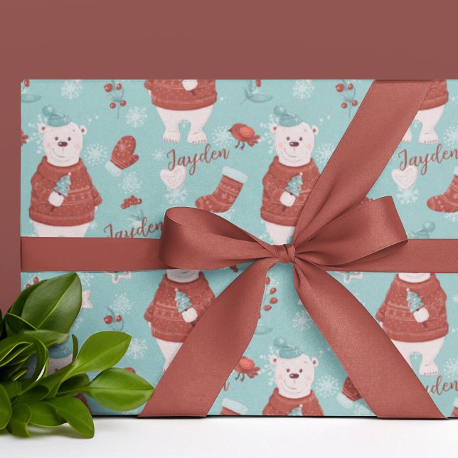 Papel De Presente Urso Polar de Nome Personalizado de Cubo (Cute Personalized Name Polar Bear Wrapping Paper
)