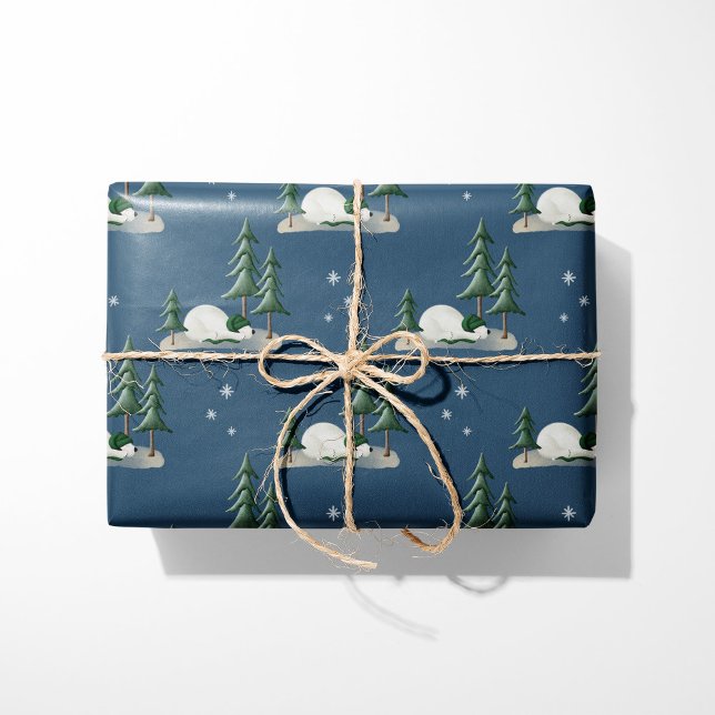 Papel De Presente Urso Polar Dormindo Azul Floresta de inverno (Criador carregado)