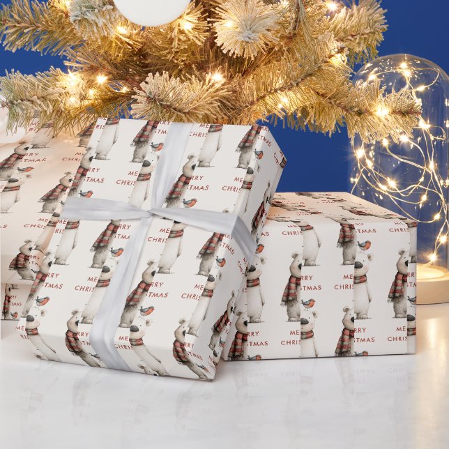 Papel De Presente Urso Polar Fofo Robin Padrão Feliz Natal (Feriados)