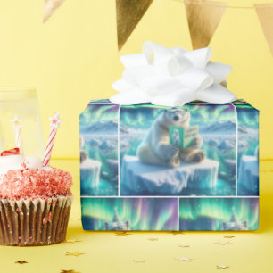 Papel De Presente Urso Polar Lendo Cartão de Saudação de Aniversário
