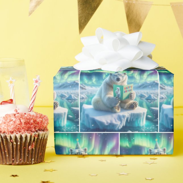 Papel De Presente Urso Polar Lendo Cartão de Saudação de Aniversário (Festa de aniversário)