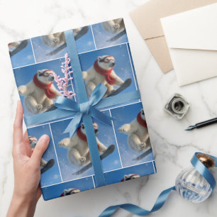 Papel De Presente Urso Polar no Ar em uma Snowboard