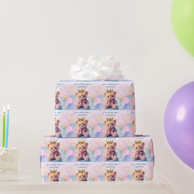 Papel De Presente Urso Rosa Coroa Dourada Parabéns! (Presentes para festas)