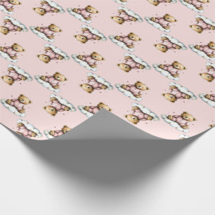 Papel De Presente Urso Teddy Fofo de Pijama Rosa em uma Nuvem